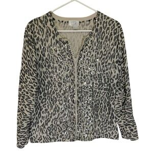 Just B Large Tan Black Leopard Print Sequin‎ Beaded Zip Cardigan Mob Wife Glam